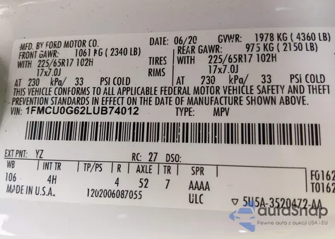 2020 Ford Escape Se z USA, uszkodzony, nr VIN 1FMCU0G62LUB74012